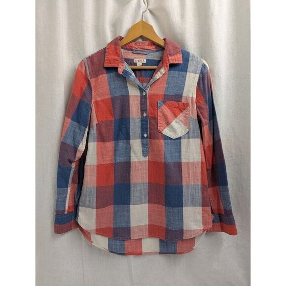 Merona women's Half Button Up Red, White & Blue Plaid Polka Dot Shirt, F10 - Picture 1 of 5